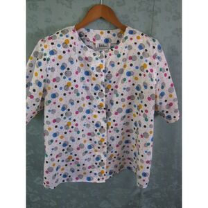 VTG 80's Notations Whimsical Polka Dot Blouse Size 10 Collarless Top
